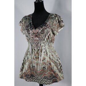 Apt. 9 Petite PM Boho Paisley Lace Back Blouse with Beaded V-Neckline‎ & Elastic